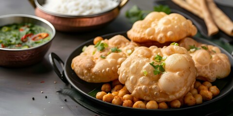 Chole bhature a delicious Indian dish with irresistible appeal and flavors. Concept Indian Cuisine, Chole Bhature, Mouth-watering Dish, Vegetarian Delightful, Spicy Flavor
