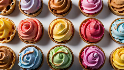 Background of multi-colored ice creams in waffle cups on a white background