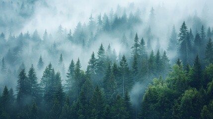 Fototapeta premium Serene misty morning in the mountain forest realistic photo of tranquil woodland scene