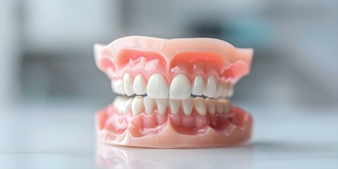 Obraz premium Closeup photo of white upper and lower plastic dentures for healthcare. Concept Healthcare, Dental Hygiene, Dentures, Oral Health, Closeup Photography,