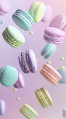 Pastel purple, green, blue, cream and yellow colored macaroons floating in the air