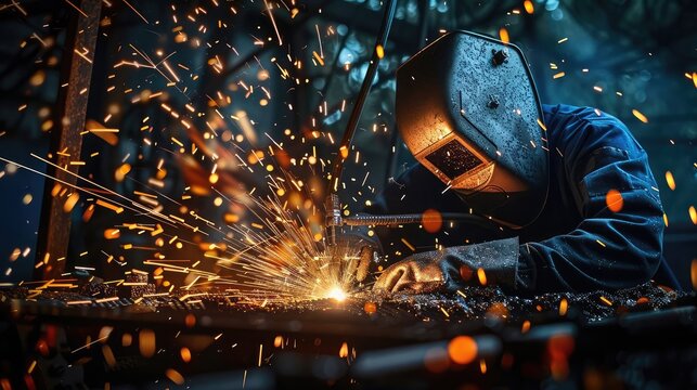 Industrial Welder Working with Sparks Flying, Skilled Tradesman in Action
