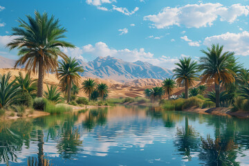 Obraz premium Palm trees and water in a desert landscape