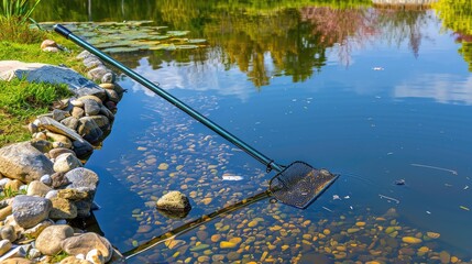 Skimmer device on pond removing debris Bright and tidy water surface Good for text insertion