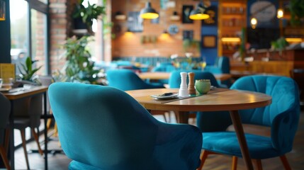 Contemporary cafe with blue chairs and cozy lighting  stylish design for relaxing and socializing