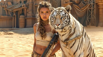 Obraz premium An Egyptian-style warrior woman, accompanied by a white tiger, stands firmly on the battlefield with her gun.