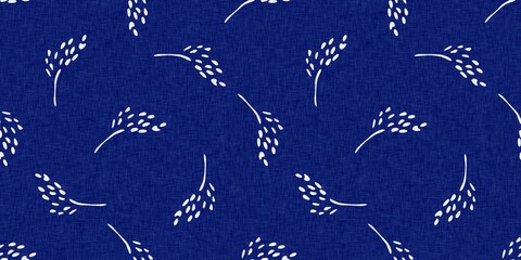 Indigo denim blue leaf motif seamless border. Japanese dye batik fabric style effect print banner swatch.  © Limolida Studio