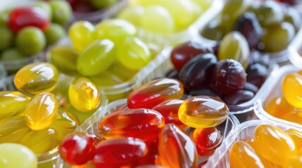 Assorted fruit and veggie softgels in a container, daily vitamins, natural health