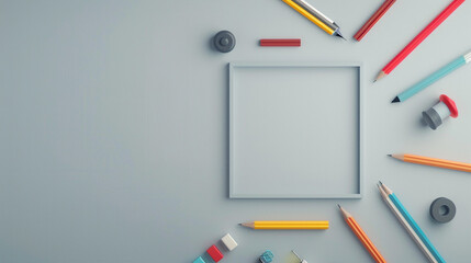 Minimalistic educational tools forming a perfect square on a light grey background.