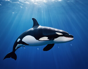 Obraz premium A majestic orca gracefully glides through the clear blue ocean depths, sunlight filtering through the water. Perfect for nature documentaries, marine life presentations, or educational materials.