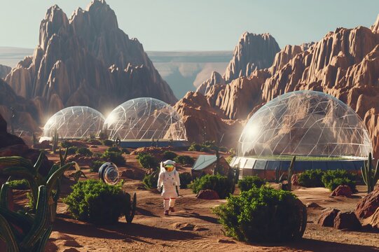Astronaut is exploring a Martian colony with domed greenhouses, showcasing the potential for human life on mars - Powered by Adobe