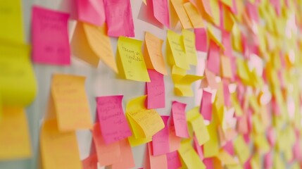Fototapeta premium Yellow and pink post-its on the wall. A lot of sticky notes on the wall.