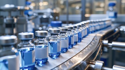 Obraz premium Close-up of vaccine vials moving along a conveyor belt, production line, pharmaceutical industry