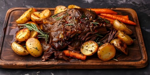 Classic American pot roast with beef chuck carrots and Yukon gold potatoes. Concept Classic American pot roast recipe with beef chuck, carrots, and Yukon Gold potatoes