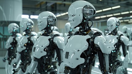Group of advanced humanoid robots standing in a row in a modern factory.  Concepts. Artificial intelligence, automation, industry 4.0, robotics, future technology.