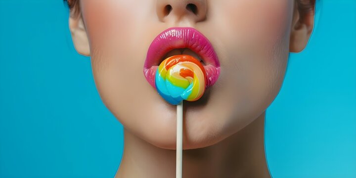 Brightly colored female lips licking candy lollipop stick against blue background. Concept Beauty, Candy, Lollipop, Blue Background, Colorful Lips