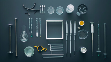 Minimalistic lab tools arranged in a perfect square on a dark grey backdrop.