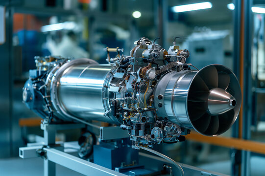 Engineers assembling rocket engine in high tech lab showcase space industry innovation. Machinery buzzes as team develops groundbreaking propulsion system. Image captures modern science progress