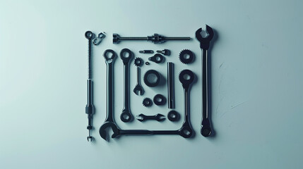 Fototapeta premium Minimalistic mechanical tools arranged in a neat square on a white canvas.