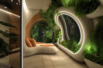 Futuristic interior design for a space habitat featuring plants growing on the walls and large windows offering a view of the earth at night