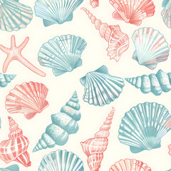 seamless pattern with seashells in the color of seafoam green and coral pink