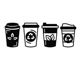 reusable eco cup icons vector design symbol sign simple illustration black white color collection set isolated