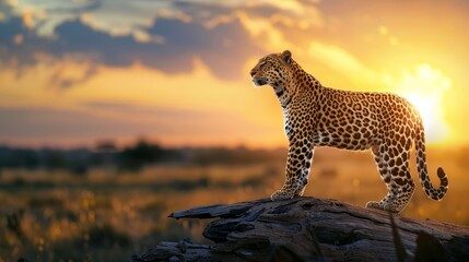 Obraz premium Leopard on log at sunset in savanna wildlife photography close up realistic photo concept
