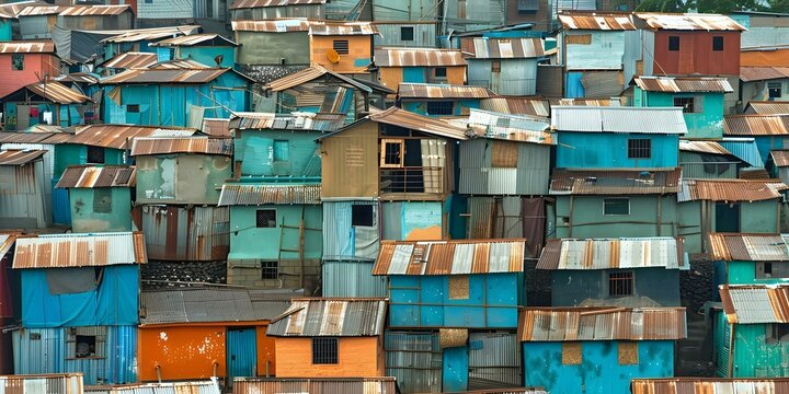 Overcrowded makeshift slum housing in impoverished third world countries survival amidst poverty. Concept Overcrowded Housing, Poverty Survival, Third World Slums, Makeshift Shelters