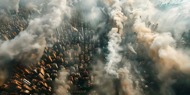 Urban overpopulation leads to pollution congestion and environmental challenges in cities. Concept Urbanization, Pollution, Overpopulation, Environmental challenges, Congestion