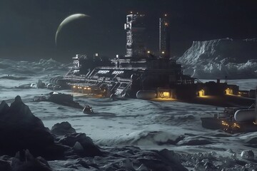 Canadian moon base with advanced robotics operating at night with a crescent moon in the sky