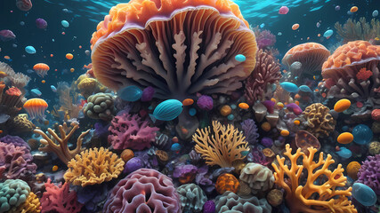 high quality, 8K Ultra HD, masterpiece, realistic photo, colorful, under the ocean, detailed pattern of corals, jellyfishes, luminism, three dimensional effect, enhanced beauty, luminism, 3d render, o