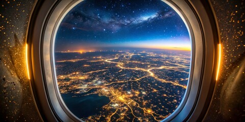 Fototapeta premium Night Flight Over City Lights with Milky Way