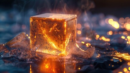 Ice cube with golden glowing liquid inside, modern concept art background.