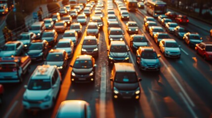 Obraz premium Aerial view of traffic jam with a focus on gas stations, urban congestion, high fuel demand