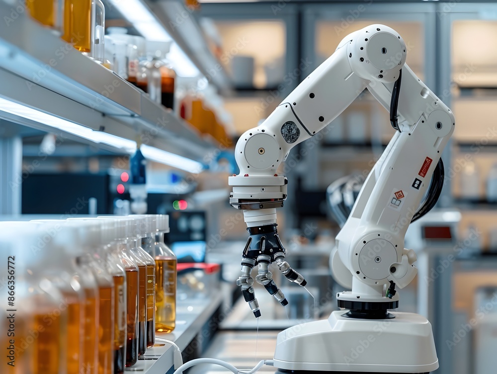 Poster robotic arm assisting in high tech laboratory experiments robotics concept
