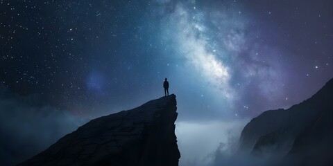 Fototapeta premium Person standing on cliff admiring vibrant nebula stars in aweinspiring landscape. Concept Stargazing, Nebula, Landscape, Cliff, Wonderment