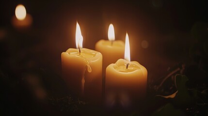 Solemn memorial tribute  looping video of flickering candle flames in dark background