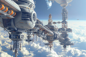 Futuristic city is floating in space with interconnected modules, creating a breathtaking view of advanced civilization