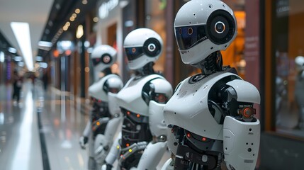 Fototapeta premium Advanced Humanoid Robots Providing Futuristic Retail Customer Service