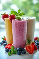 Berry Smoothie: Fresh berry smoothies on clean surface. Topped with fresh strawberries, blueberries, and a sprig of mint.