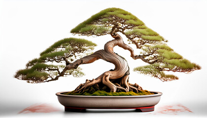 A beautifully crafted bonsai tree with intricate branches and topped with green foliage, presented in a decorative ceramic pot, surrounded by a layer of lush moss.