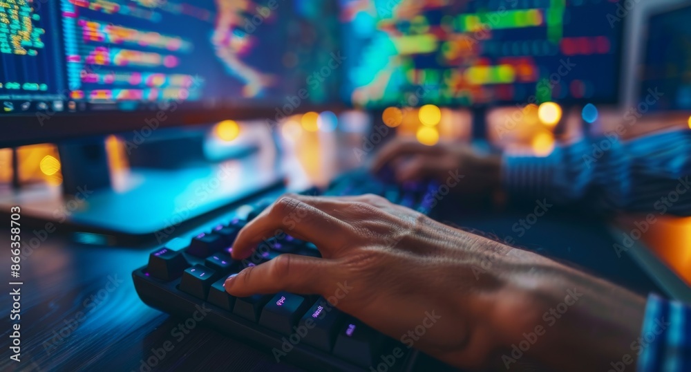 Poster close-up of hands typing on a keyboard in front of a computer