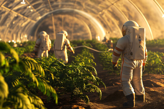 Astronauts working inside a greenhouse on a Martian base, taking care of plants and cultivating food