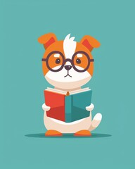 Dog holding a book in hands in 2D animation style