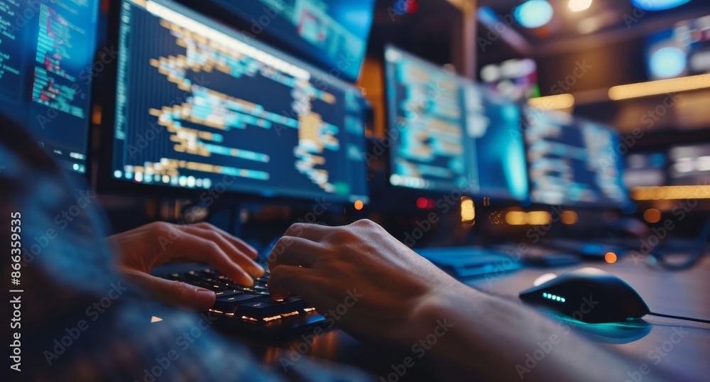 Poster close-up of a programmer's hands typing on a keyboard
