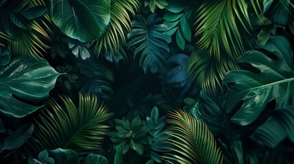 A vibrant and lush tropical background with various green leaves
