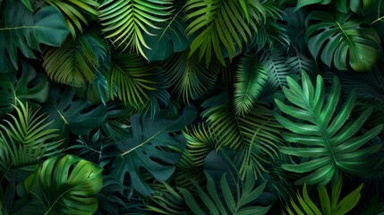 A vibrant and lush tropical background with various green leaves