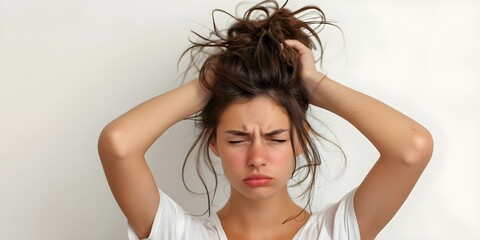 Fototapeta premium Upset woman with messy hair on plain white background. Concept portrait photography, emotions, women's issues, messy hair, plain background