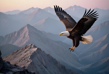 Obraz premium Majestic white head american eagle flying over mountains, clear blue sky with clouds, noon, 