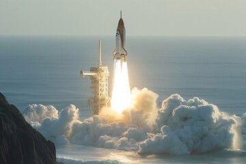 Space shuttle is launching from a coastal launch pad, creating a massive cloud of smoke and fire